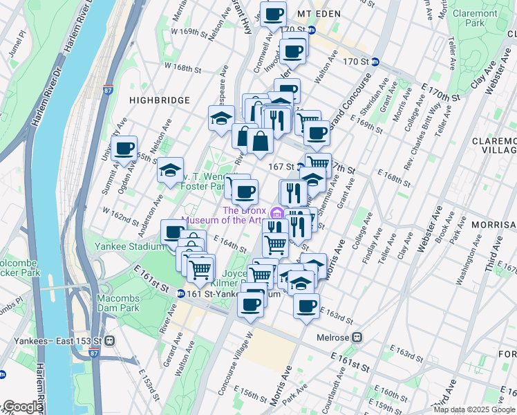 map of restaurants, bars, coffee shops, grocery stores, and more near 1050 Fulton Avenue in Bronx