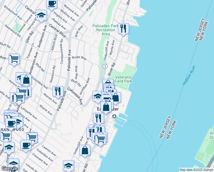 map of restaurants, bars, coffee shops, grocery stores, and more near 1080 River Road in Edgewater