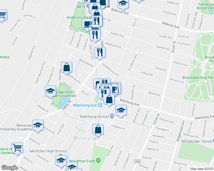 map of restaurants, bars, coffee shops, grocery stores, and more near 258 Park Street in Montclair