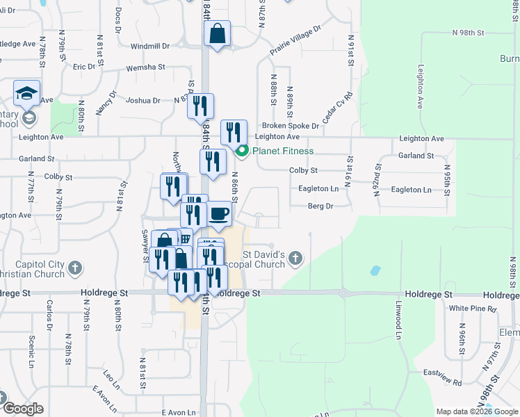 map of restaurants, bars, coffee shops, grocery stores, and more near 8600 Lexington Avenue in Lincoln