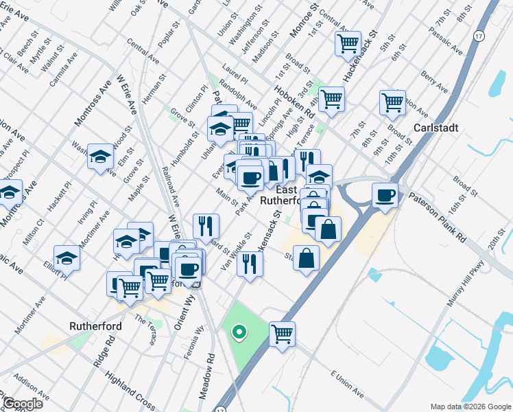 map of restaurants, bars, coffee shops, grocery stores, and more near 165 Main Street in East Rutherford