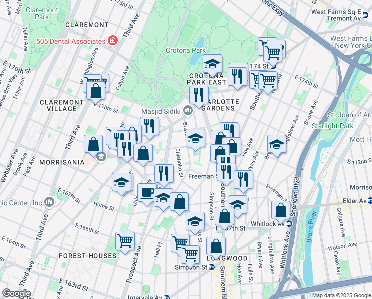 map of restaurants, bars, coffee shops, grocery stores, and more near 1347 Bristow Street in Bronx