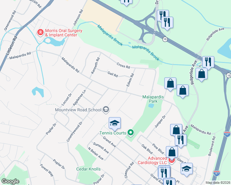 map of restaurants, bars, coffee shops, grocery stores, and more near 10 Mountview Road in Morris Plains