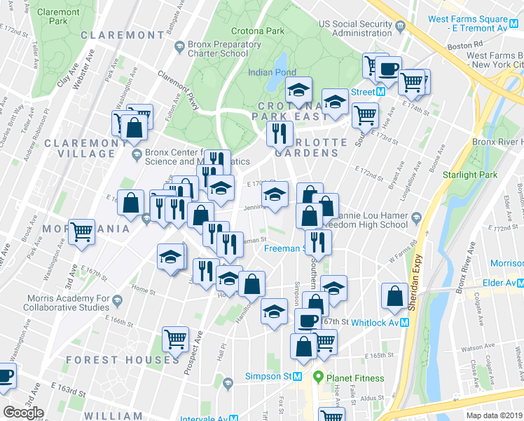 map of restaurants, bars, coffee shops, grocery stores, and more near 1347 Bristow Street in Bronx