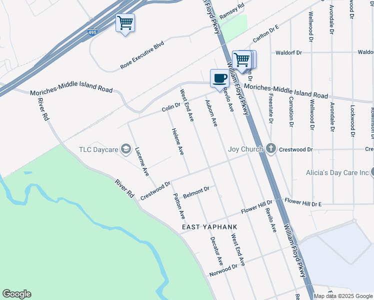 map of restaurants, bars, coffee shops, grocery stores, and more near 437 Helene Avenue in Shirley