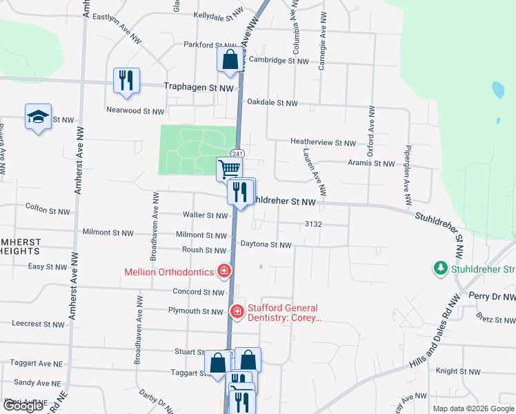 map of restaurants, bars, coffee shops, grocery stores, and more near 8020 Stuhldreher Street Northwest in Massillon