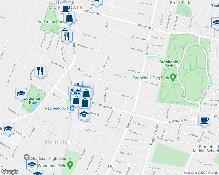 map of restaurants, bars, coffee shops, grocery stores, and more near 115 Beverly Road in Montclair