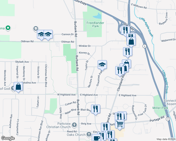 map of restaurants, bars, coffee shops, grocery stores, and more near 2662 Taylor Street in Wooster