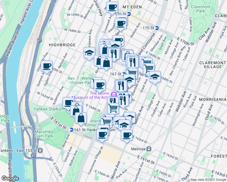 map of restaurants, bars, coffee shops, grocery stores, and more near Grand Concourse & East 166th Street in Bronx