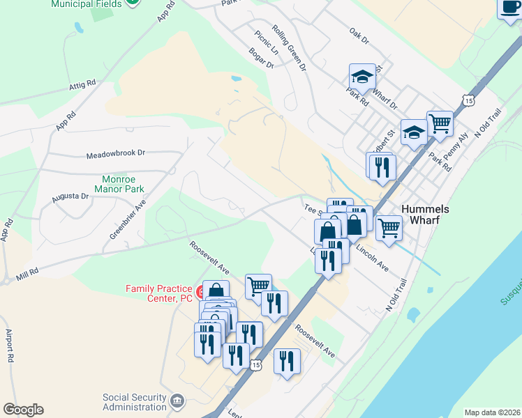 map of restaurants, bars, coffee shops, grocery stores, and more near 300 Mill Road in Snyder County