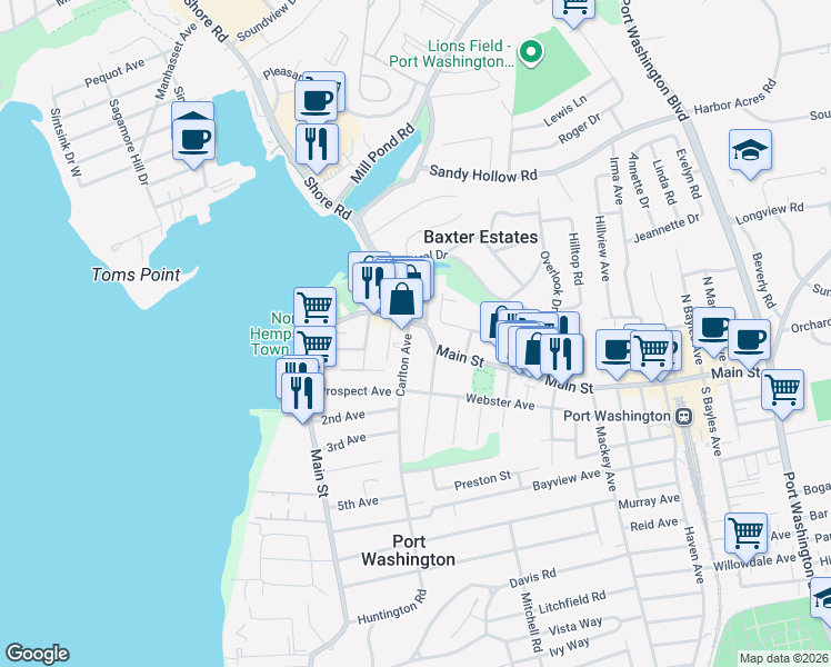 map of restaurants, bars, coffee shops, grocery stores, and more near 9 Carlton Avenue in Port Washington