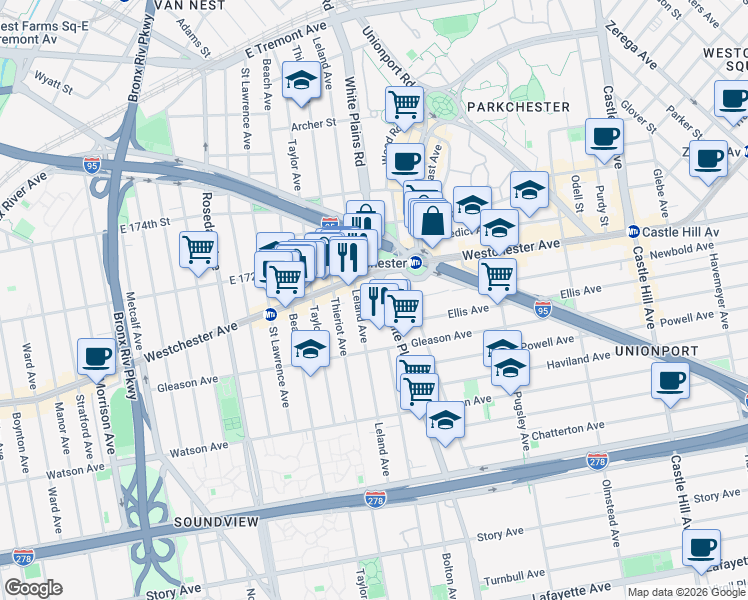 map of restaurants, bars, coffee shops, grocery stores, and more near 1236 Leland Avenue in Bronx