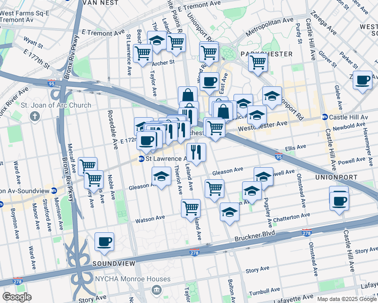 map of restaurants, bars, coffee shops, grocery stores, and more near 1236 Leland Avenue in Bronx
