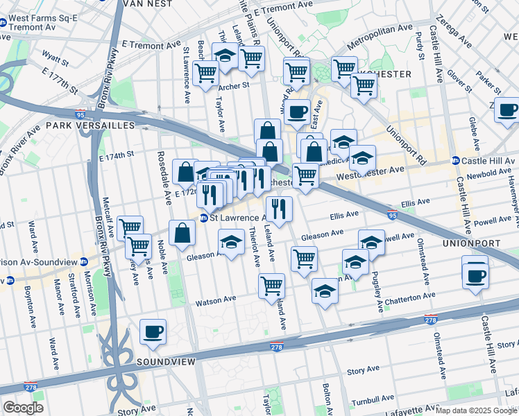 map of restaurants, bars, coffee shops, grocery stores, and more near 1249 Thieriot Avenue in Bronx