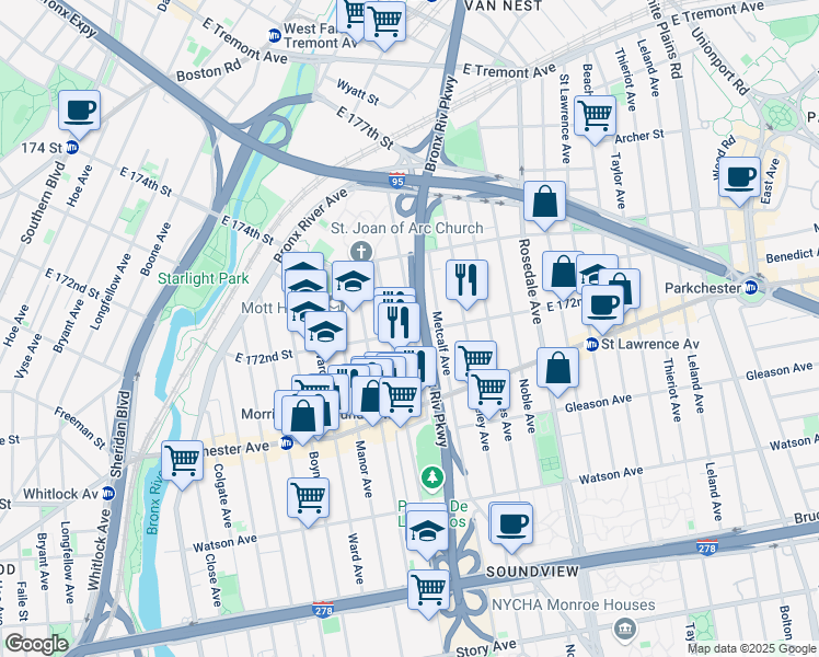 map of restaurants, bars, coffee shops, grocery stores, and more near in The Bronx