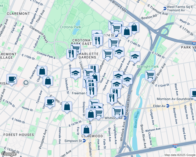 map of restaurants, bars, coffee shops, grocery stores, and more near 1312 Hoe Avenue in Bronx