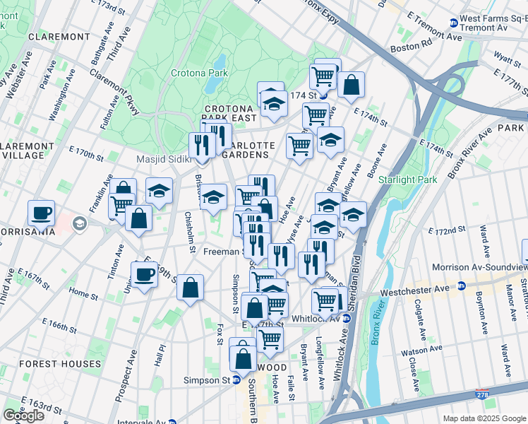 map of restaurants, bars, coffee shops, grocery stores, and more near 1327 Southern Boulevard in Bronx