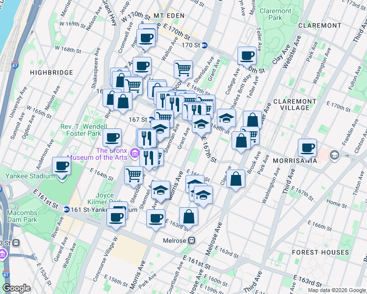 map of restaurants, bars, coffee shops, grocery stores, and more near 1131 Morris Avenue in The Bronx