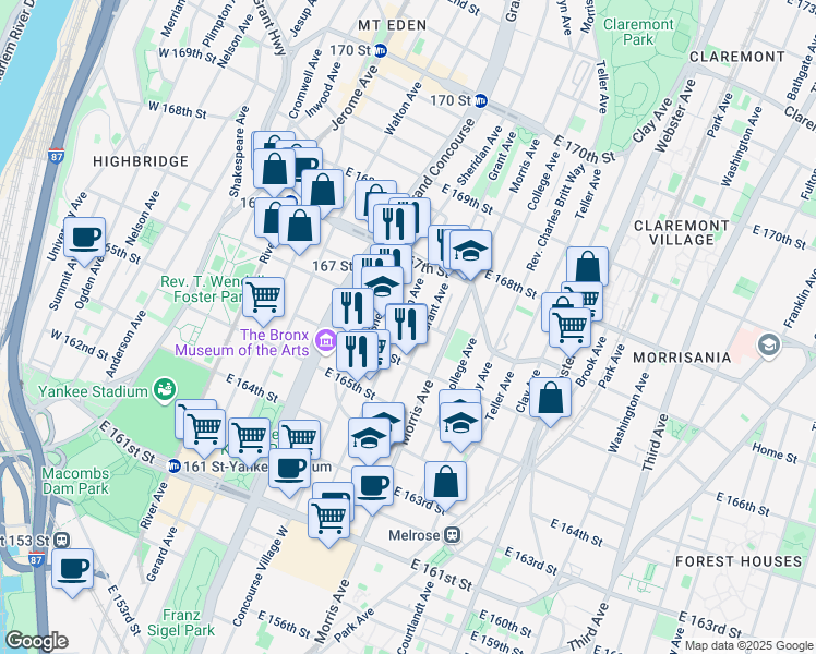 map of restaurants, bars, coffee shops, grocery stores, and more near 1114 Sherman Avenue in The Bronx