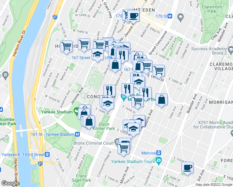 map of restaurants, bars, coffee shops, grocery stores, and more near in The Bronx