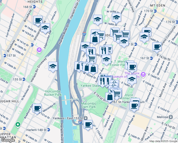 map of restaurants, bars, coffee shops, grocery stores, and more near 953 Woodycrest Avenue in Bronx