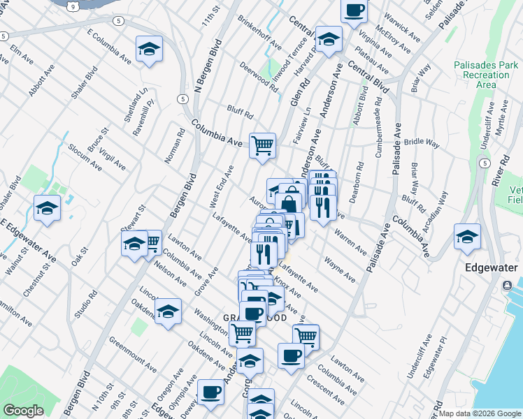 map of restaurants, bars, coffee shops, grocery stores, and more near 364 Aurora Avenue in Cliffside Park