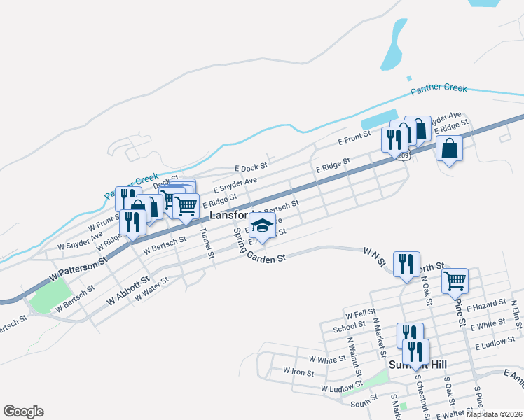 map of restaurants, bars, coffee shops, grocery stores, and more near 205 East Kline Avenue in Lansford