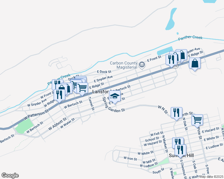 map of restaurants, bars, coffee shops, grocery stores, and more near 205 East Kline Avenue in Lansford