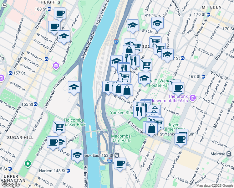 map of restaurants, bars, coffee shops, grocery stores, and more near 943 Ogden Avenue in Bronx