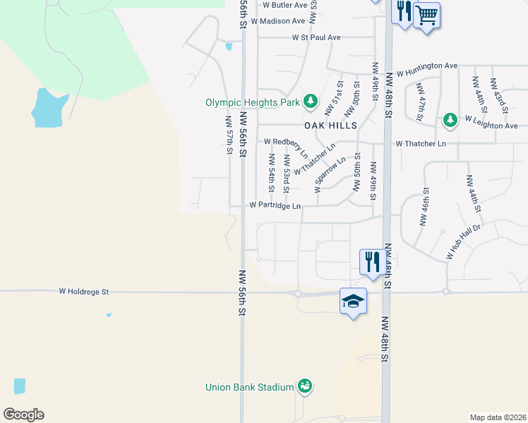 map of restaurants, bars, coffee shops, grocery stores, and more near 5421 West Partridge Lane in Lincoln