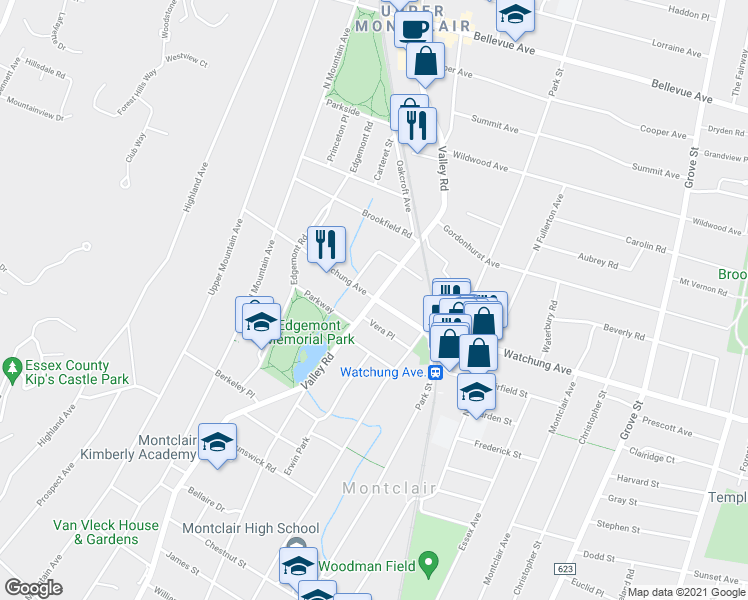 map of restaurants, bars, coffee shops, grocery stores, and more near 314 Valley Road in Montclair