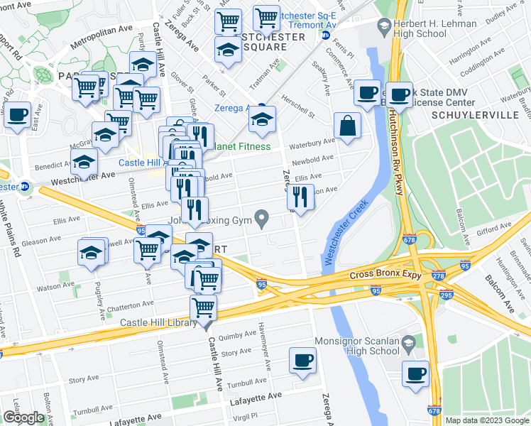 map of restaurants, bars, coffee shops, grocery stores, and more near 2337 Powell Avenue in The Bronx