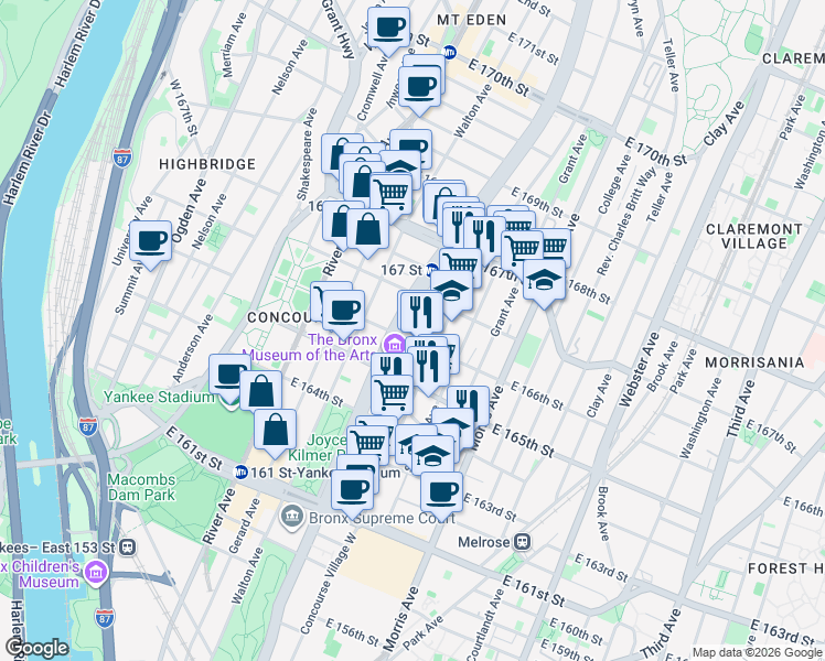 map of restaurants, bars, coffee shops, grocery stores, and more near 195 East 166th Street in Bronx
