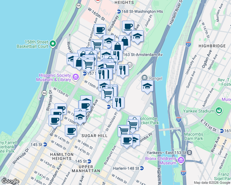 map of restaurants, bars, coffee shops, grocery stores, and more near 889 Saint Nicholas Avenue in New York