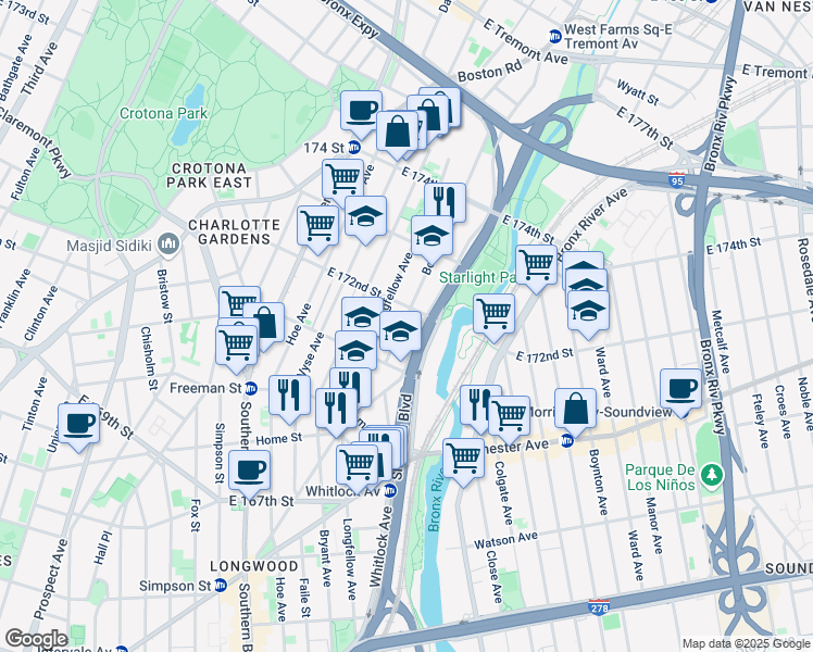 map of restaurants, bars, coffee shops, grocery stores, and more near 1500 Boone Avenue in The Bronx