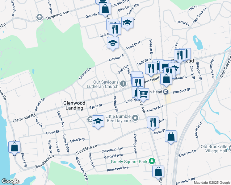 map of restaurants, bars, coffee shops, grocery stores, and more near Glenwood Road in Glen Head