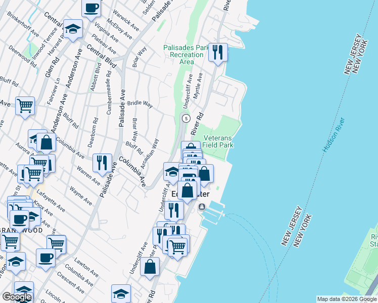 map of restaurants, bars, coffee shops, grocery stores, and more near 1080 River Road in Edgewater