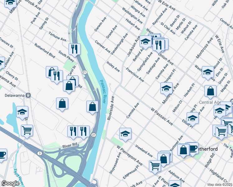 map of restaurants, bars, coffee shops, grocery stores, and more near 315 Riverside Avenue in Rutherford