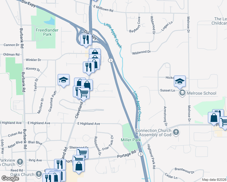 map of restaurants, bars, coffee shops, grocery stores, and more near 1014 Northview Drive in Wooster