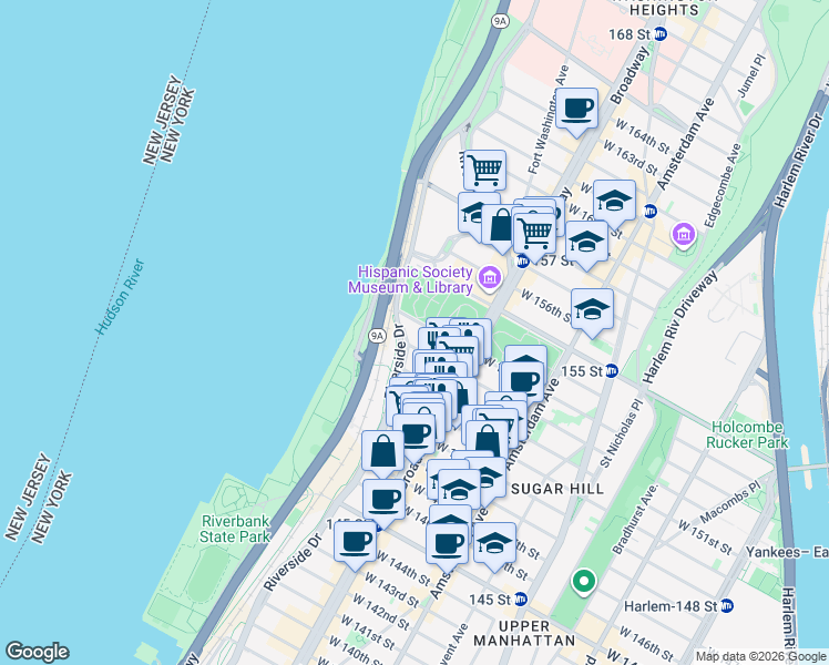 map of restaurants, bars, coffee shops, grocery stores, and more near 750 Riverside Drive in New York