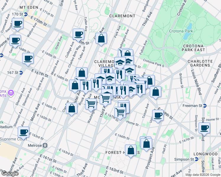 map of restaurants, bars, coffee shops, grocery stores, and more near 547 East 168th Street in The Bronx