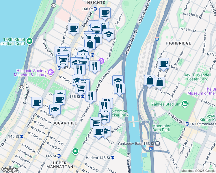 map of restaurants, bars, coffee shops, grocery stores, and more near 2991 Frederick Douglass Boulevard in New York