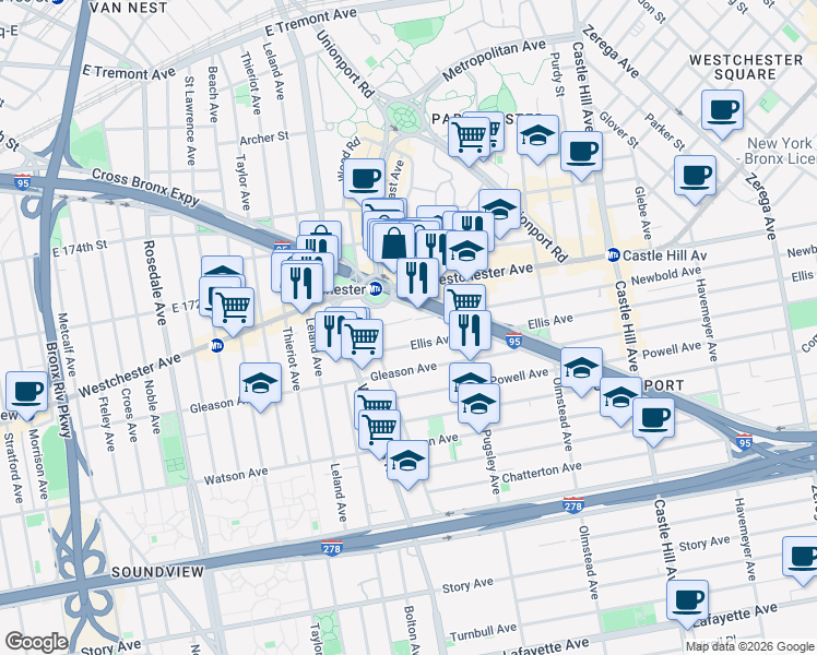 map of restaurants, bars, coffee shops, grocery stores, and more near 1941 Ellis Avenue in The Bronx