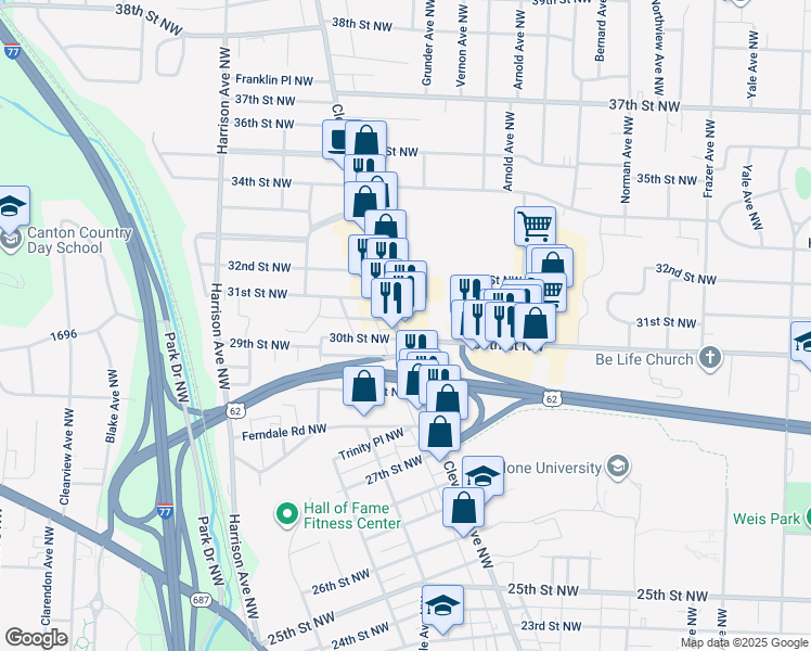 map of restaurants, bars, coffee shops, grocery stores, and more near 2910 Cleveland Avenue Northwest in Canton