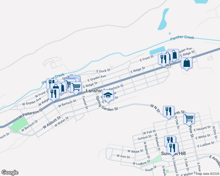map of restaurants, bars, coffee shops, grocery stores, and more near 205 East Kline Avenue in Lansford