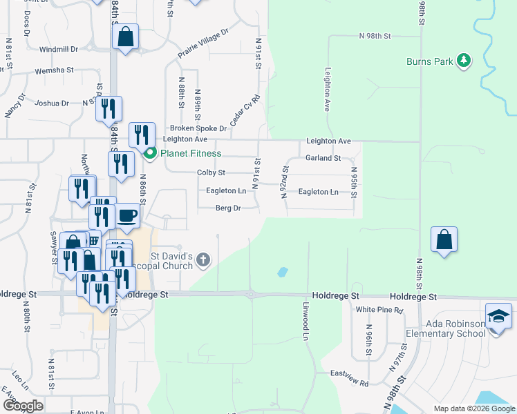 map of restaurants, bars, coffee shops, grocery stores, and more near 9229 Berg Drive in Lincoln