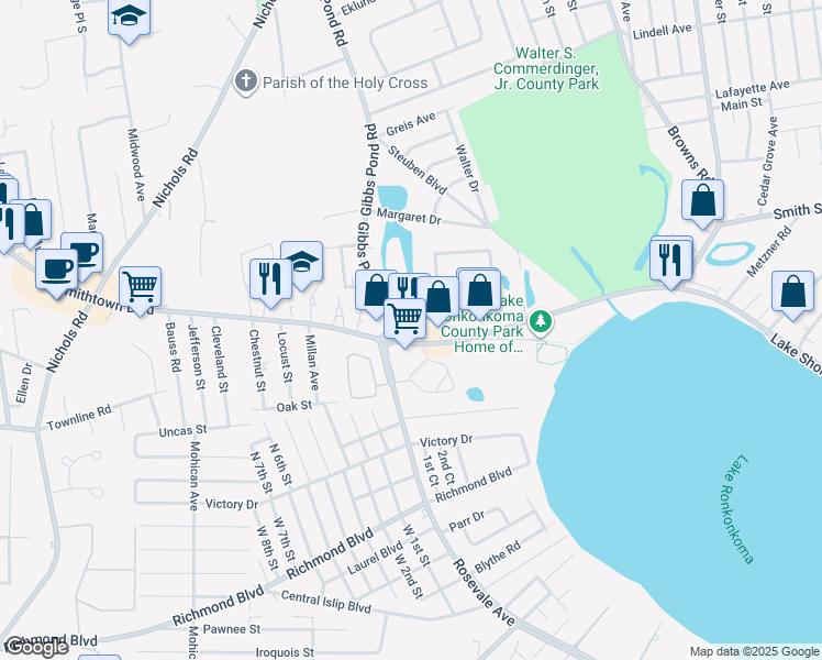 map of restaurants, bars, coffee shops, grocery stores, and more near 295 Smithtown Boulevard in Nesconset
