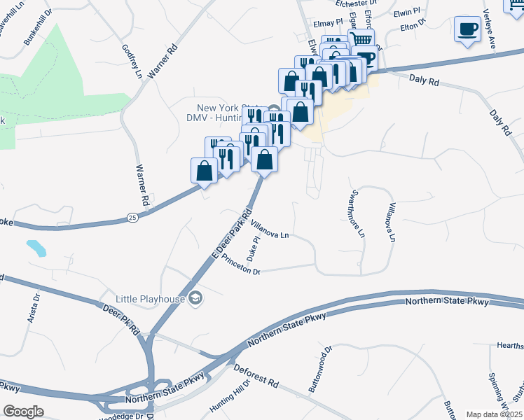 map of restaurants, bars, coffee shops, grocery stores, and more near 11 Villanova Lane in Dix Hills