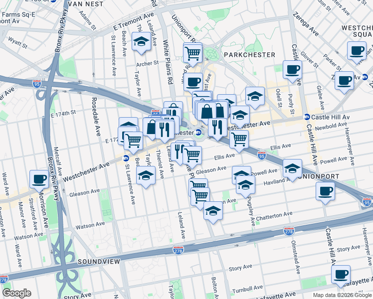 map of restaurants, bars, coffee shops, grocery stores, and more near 1234 White Plains Road in Bronx