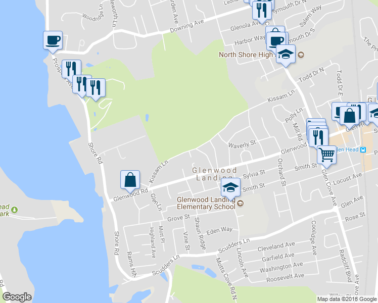 map of restaurants, bars, coffee shops, grocery stores, and more near 2 Woodmere Lane in Glenwood Landing